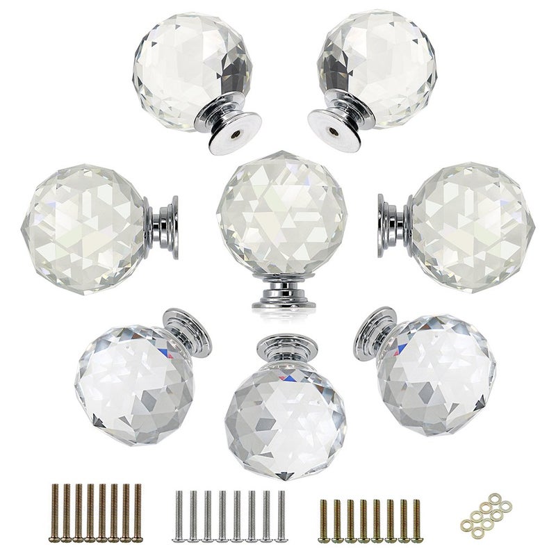 BTSKY 8 Pcs Round Diamond 40mmï¼ˆ1.6 inchesï¼‰ Clear Glass Crystal Cabinet Knobs-Cupboard Door Knobs/Crystal Drawer Pull Handles/Glass Dresser Knobs with 3 Kinds of Screws - Image 1